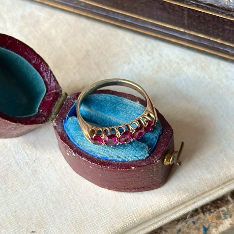 Edwardian ruby five stone ring, top view.