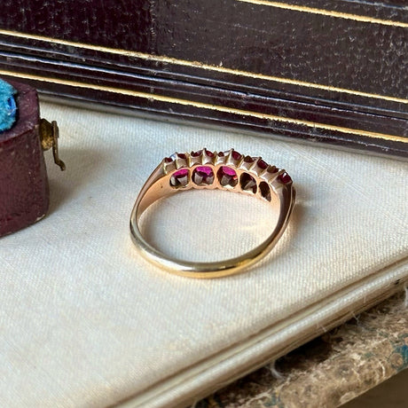 Edwardian ruby five stone ring, rear view.