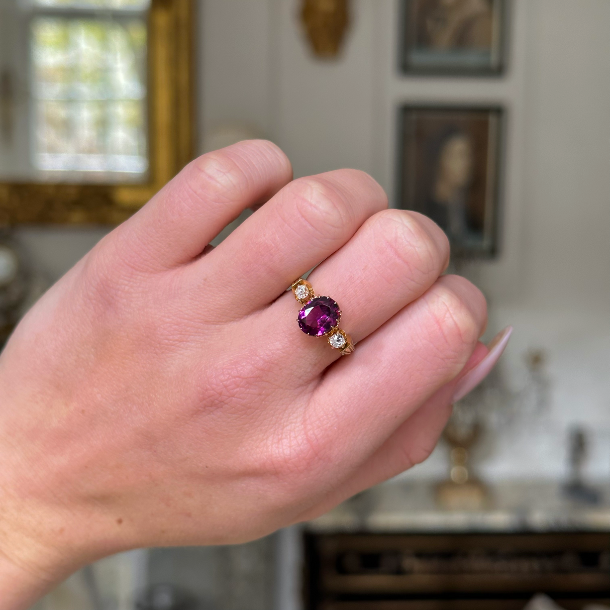 Edwardian, 18ct gold, magenta garnet and diamond ring