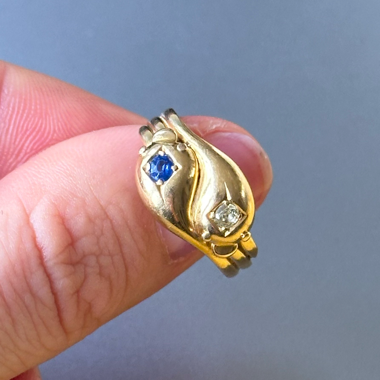 Antique, Victorian sapphire and diamond set snake ring, 18ct yellow gold