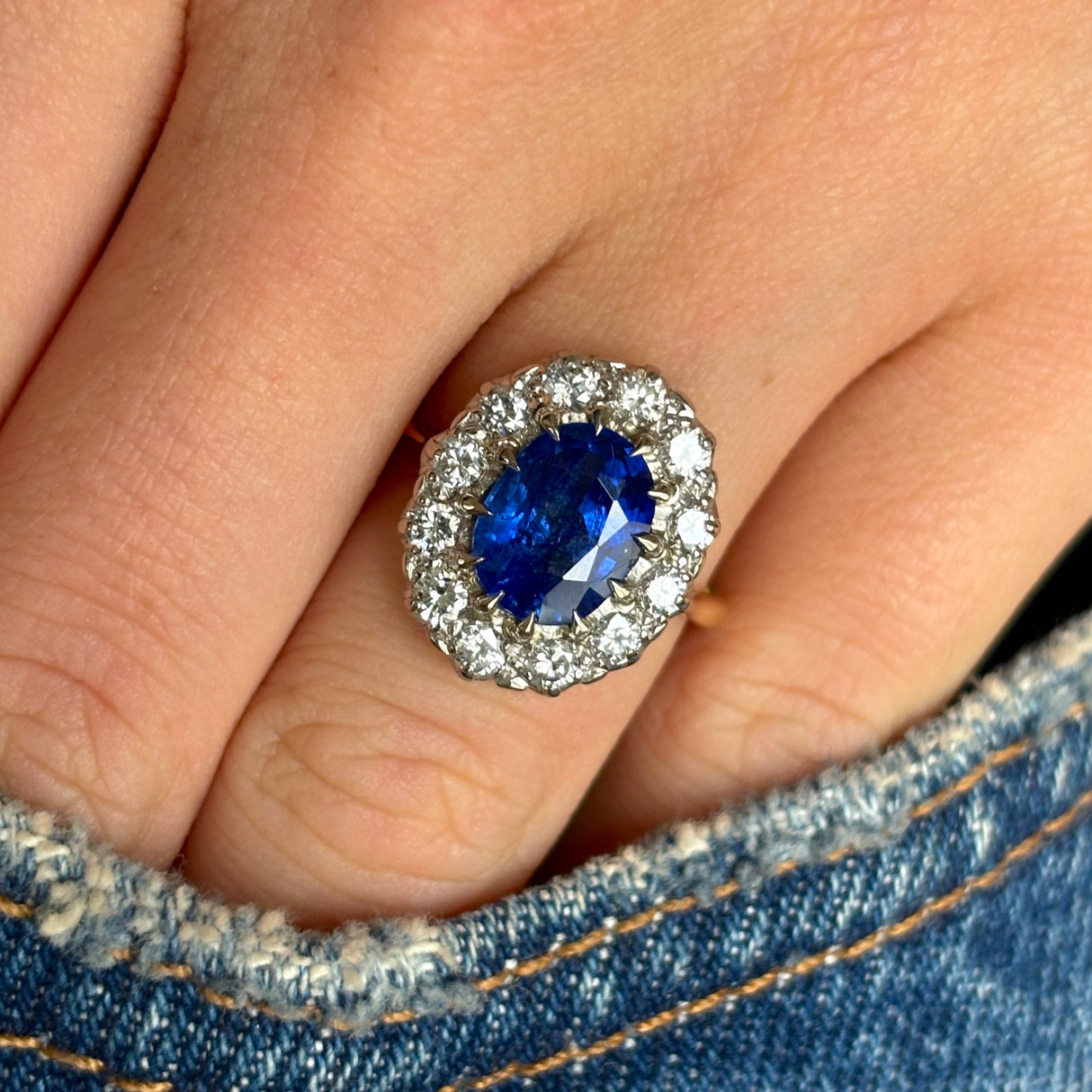 1527-Antique, Victorian sapphire & diamond cluster ring, 18ct yellow gold worn on hand.