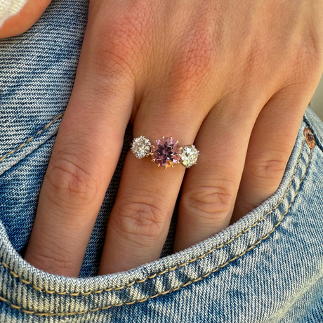 Vintage, 18ct White & Rose Gold, Pink Topaz and Diamond RingVintage topaz and diamond three stone ring, worn on hand.