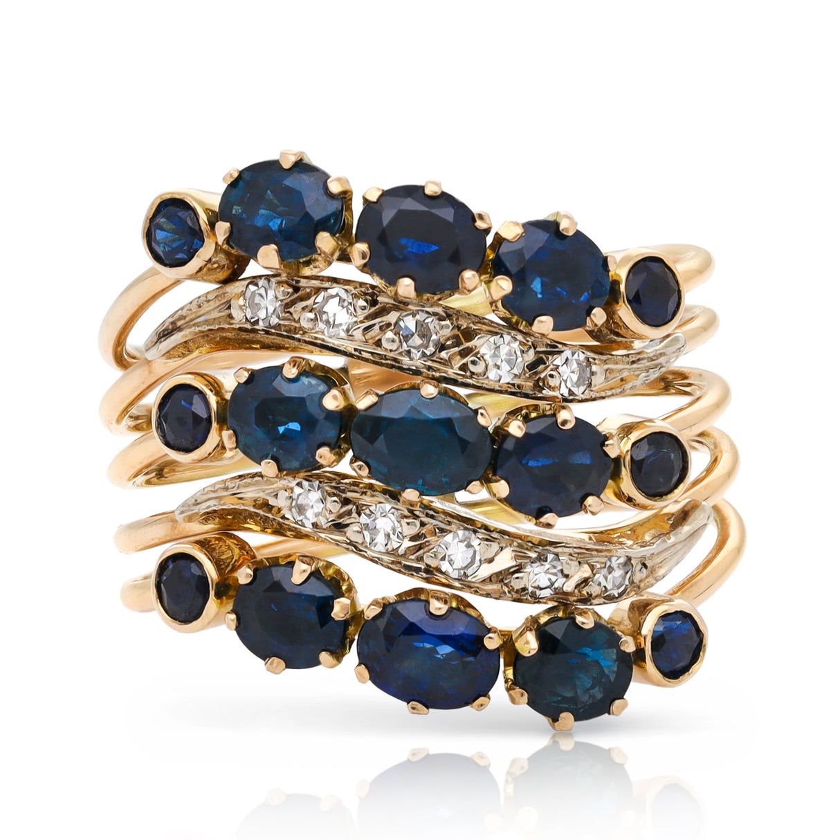 Unusual sapphire and diamond harem ring, 14ct gold