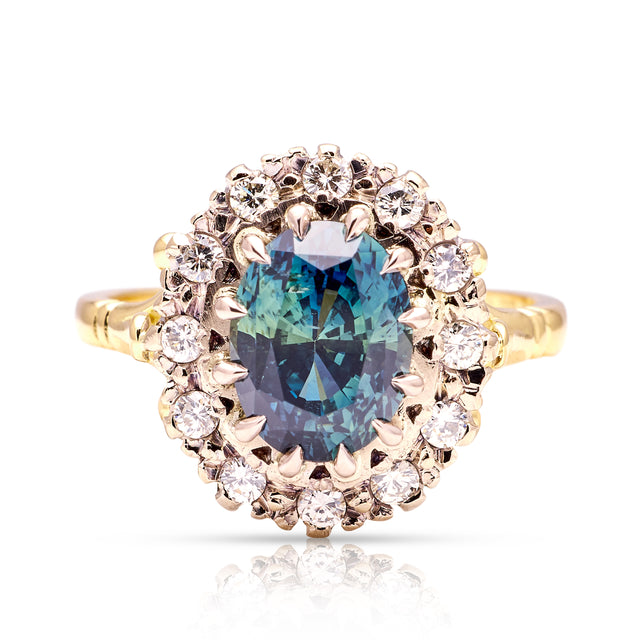 Vintage, 1970s teal sapphire and diamond cluster, 18ct yellow gold and platinum 