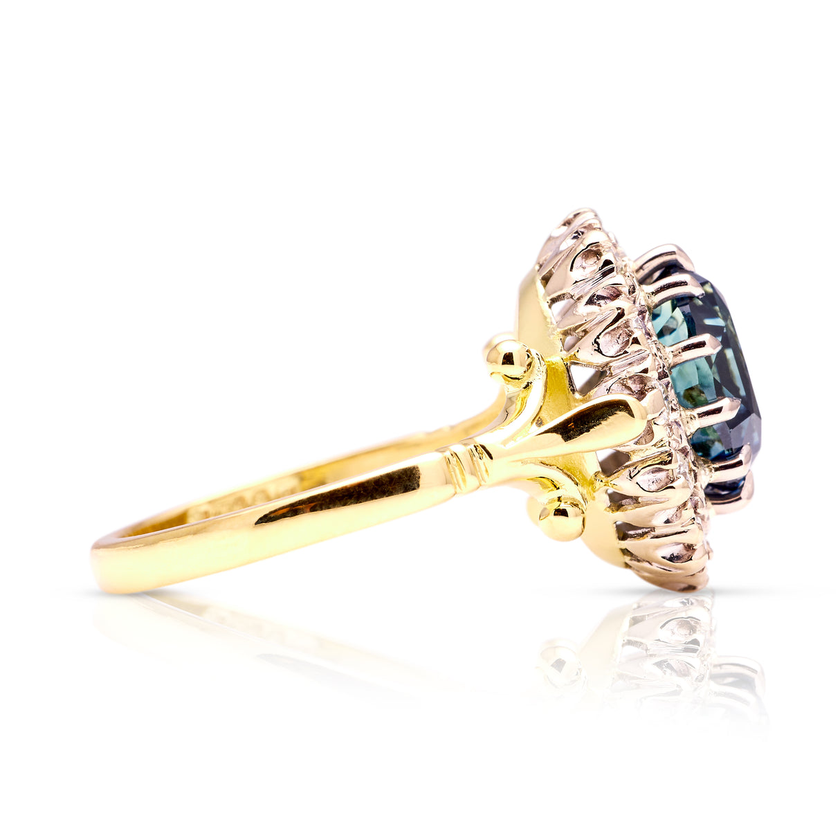 Vintage, 1970s teal sapphire and diamond cluster, 18ct yellow gold and platinum side