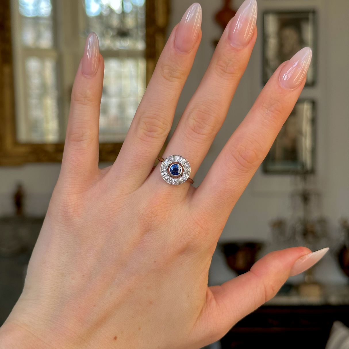 Vintage, 1930s Sapphire and Diamond Target Engagement Ring, 18ct Yellow Gold worn on hand.