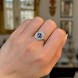 Vintage, 1930s Sapphire and Diamond Target Engagement Ring, 18ct Yellow Gold worn on closed hand.