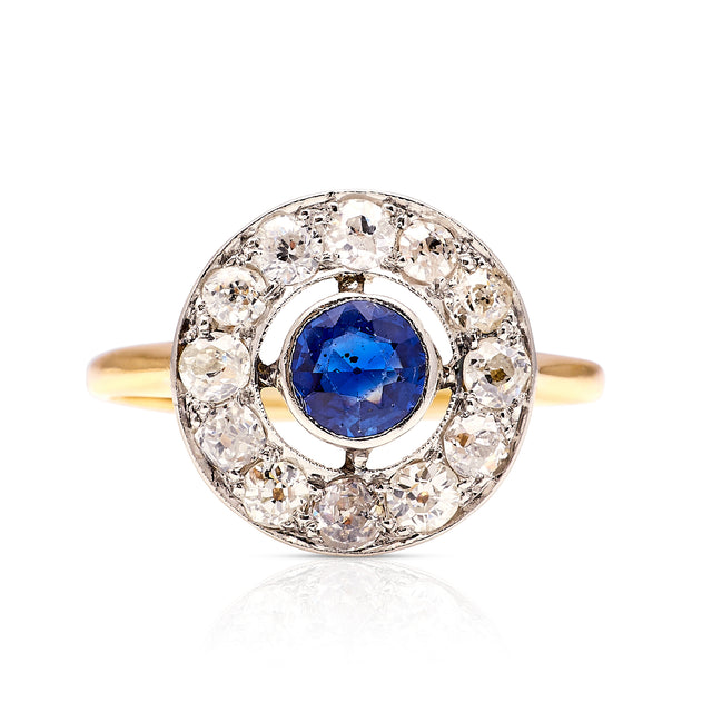 Vintage, 1930s sapphire and diamond target engagement ring front