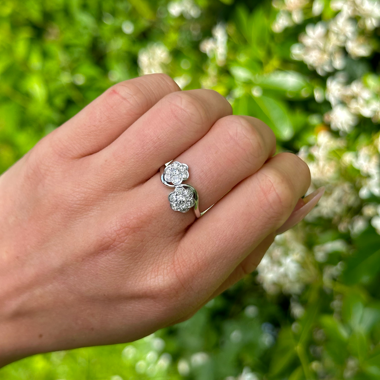 Vintage, 1940s Diamond Cluster Engagement Ring, 18ct White Gold and Platinum worn on hand.