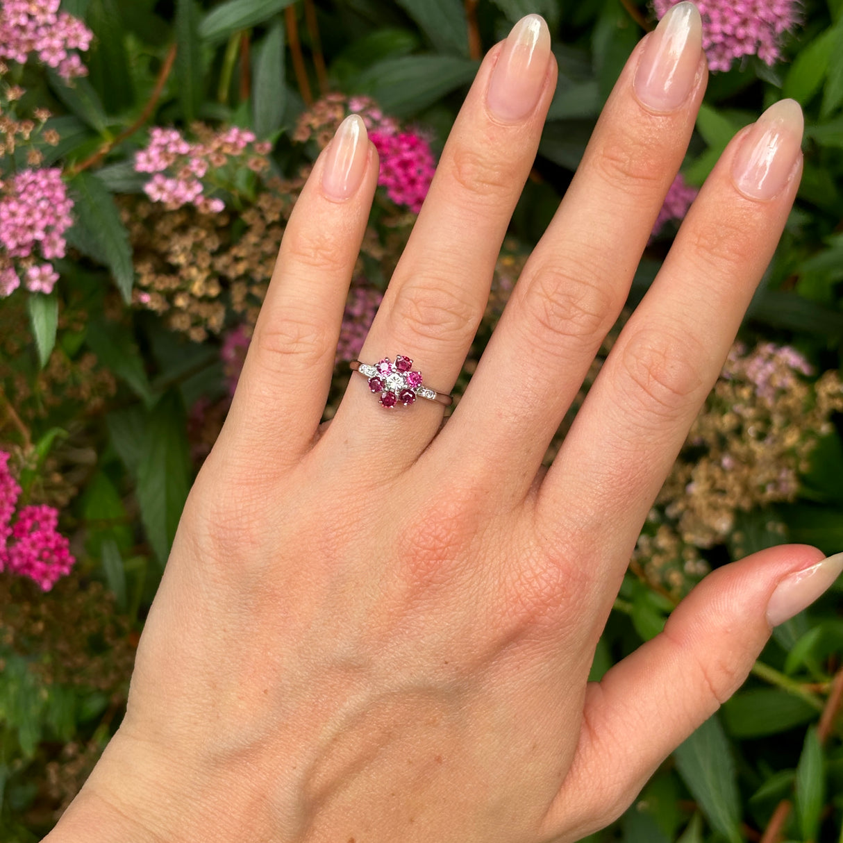 Vintage, 1940s ruby & diamond cluster ring, 18ct white gold