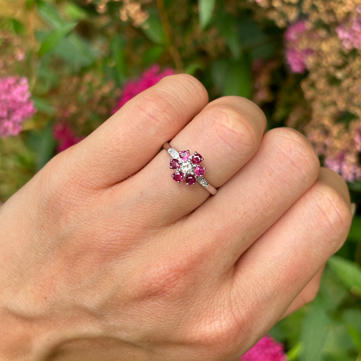 Vintage, 1940s ruby & diamond cluster ring, 18ct white gold