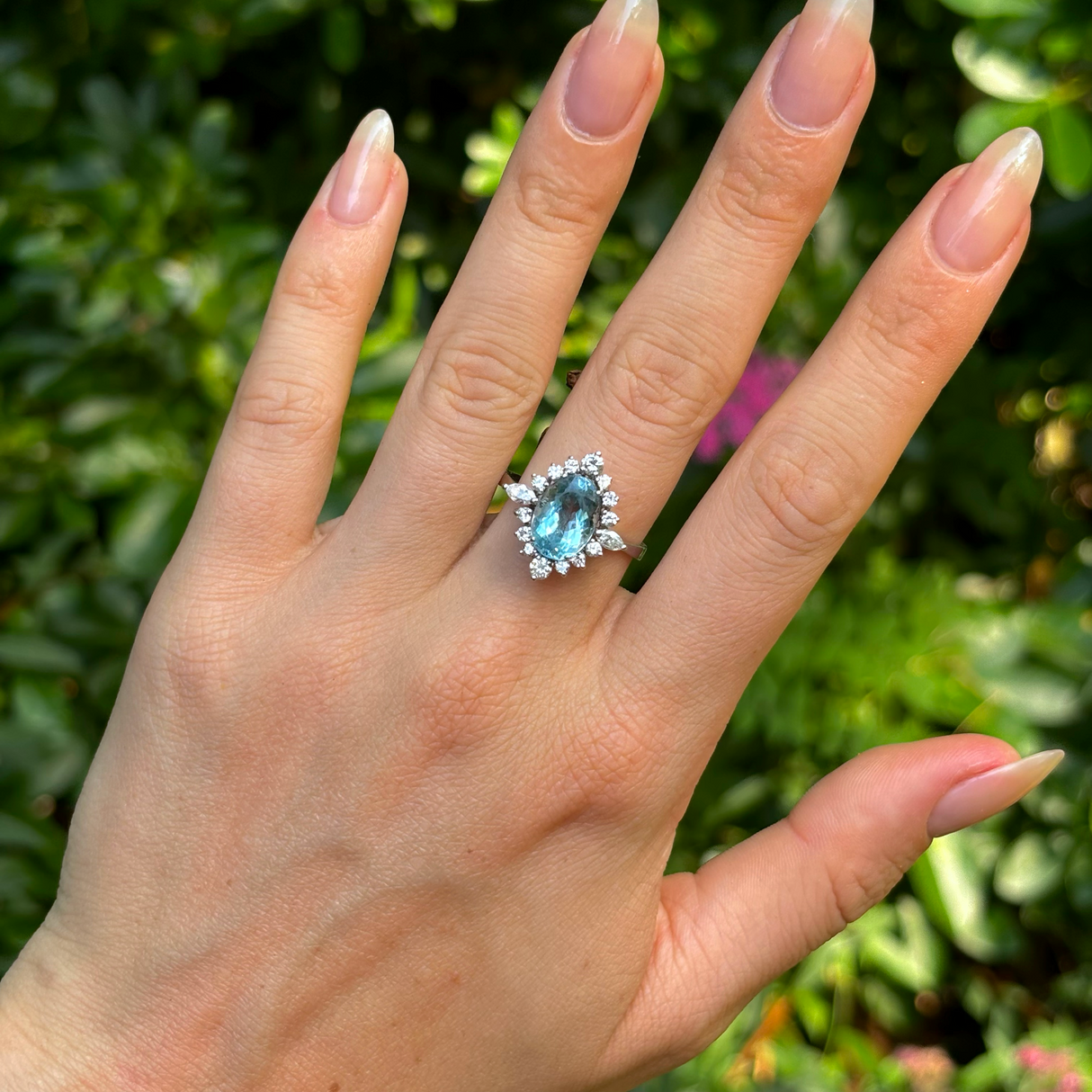 Vintage, 1950s aquamarine & diamond cluster ring, 18ct white gold