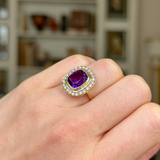 Vintage, 1970s Amethyst and Diamond Cluster Ring, 18ct Yellow Gold worn on closed hand