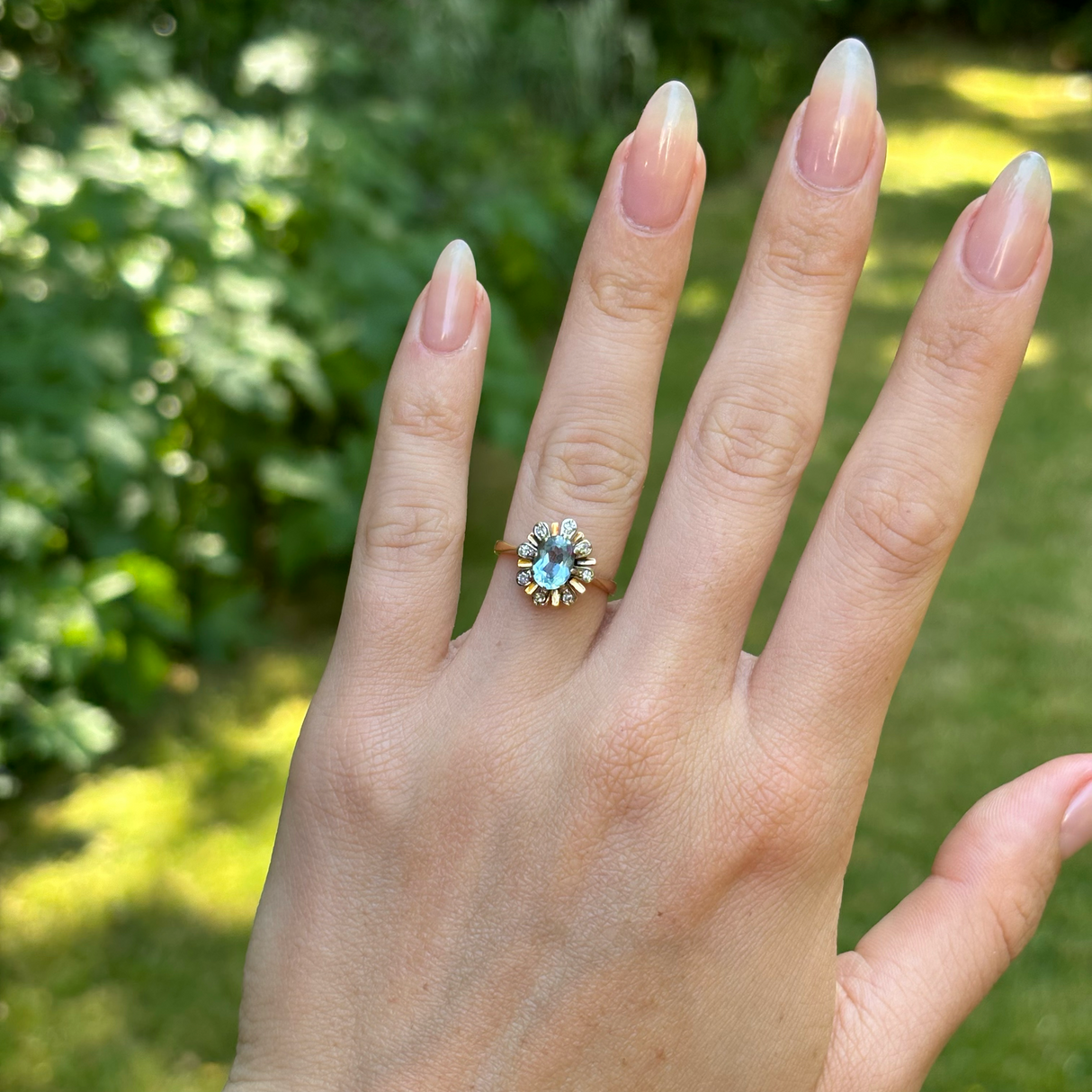 Vintage, 1970s aquamarine & diamond cluster ring, 18ct yellow gold worn on hand