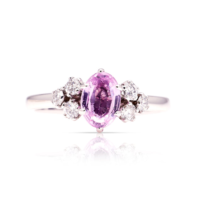 Vintage, 1970s pink sapphire & diamond ring front view