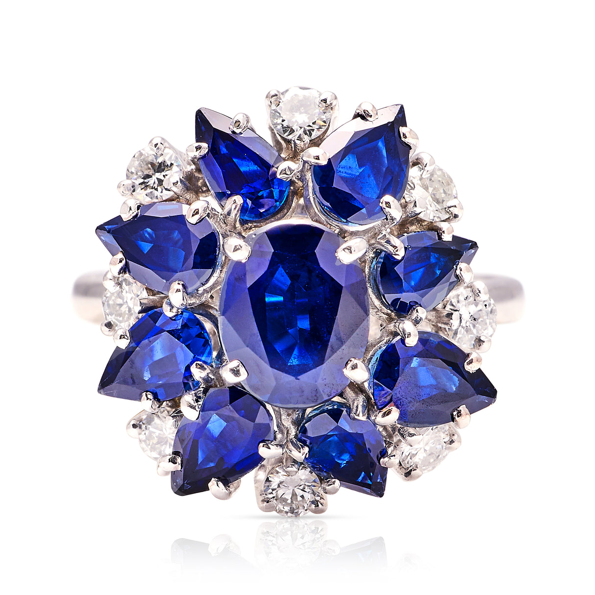 Vintage, 1970s sapphire & diamond cocktail ring front view