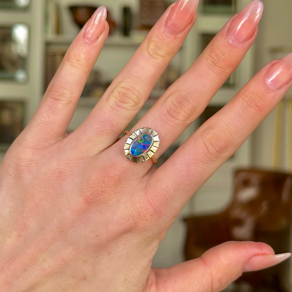 Vintage, 1980s Black Opal Ring, 9ct Yellow Gold worn on hand.