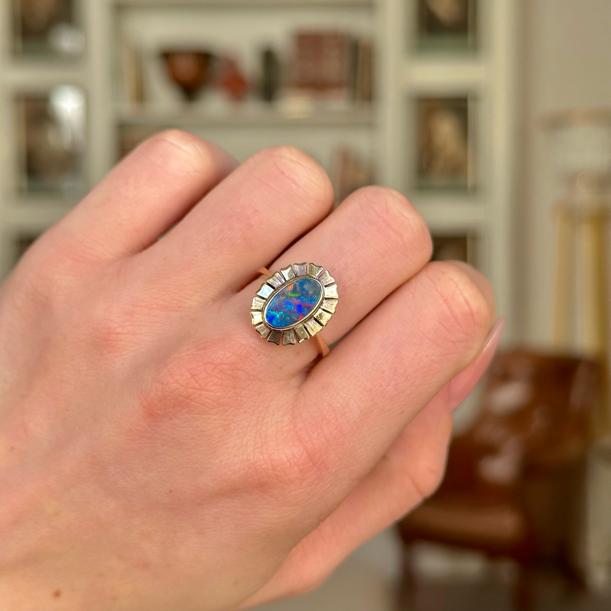 Vintage, 1980s Black Opal Ring, 9ct Yellow Gold worn on closed hand.