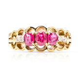 Vintage, 1980s ruby and diamond three-stone ring front