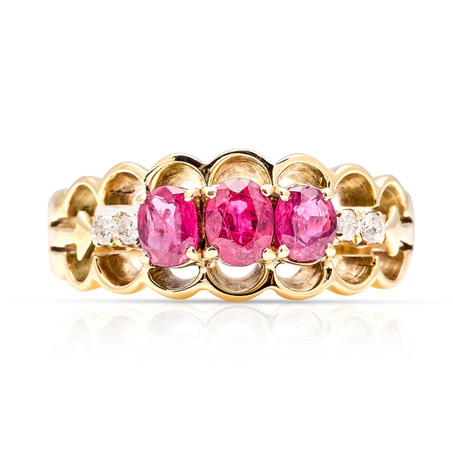 Vintage, 1980s ruby and diamond three-stone ring front