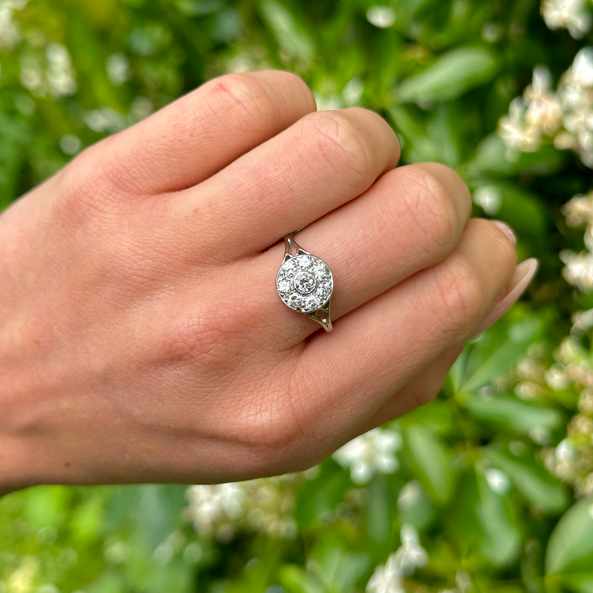 Vintage, Art Deco Diamond Cluster Engagement Ring, Platinum worn on hand.