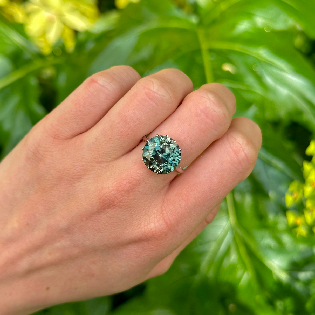 Vintage, Blue Zircon and Diamond Cocktail Ring, 18ct White Gold worn on hand.