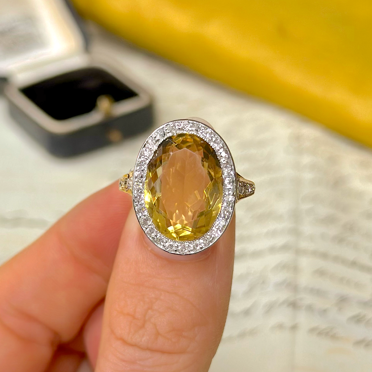 Vintage, Citrine and Diamond Cluster Ring, 18ct Yellow Gold and Platinum in fingers.