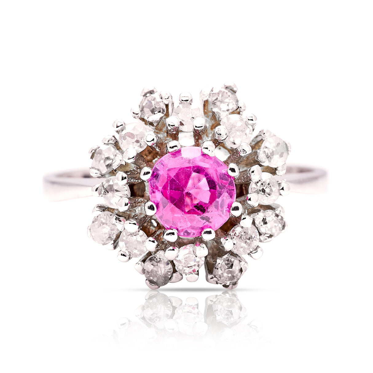 Vintage, pink sapphire and diamond cluster ring front view