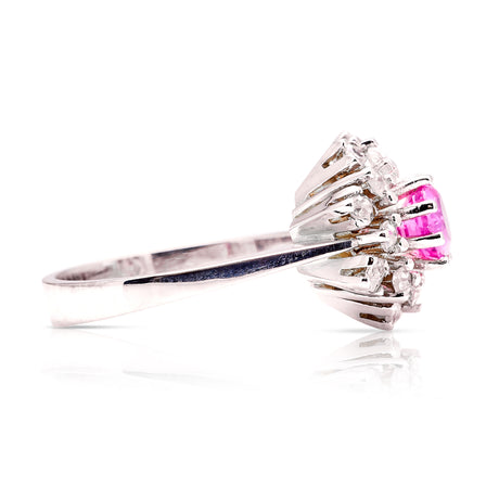 Vintage, pink sapphire and diamond cluster ring side view