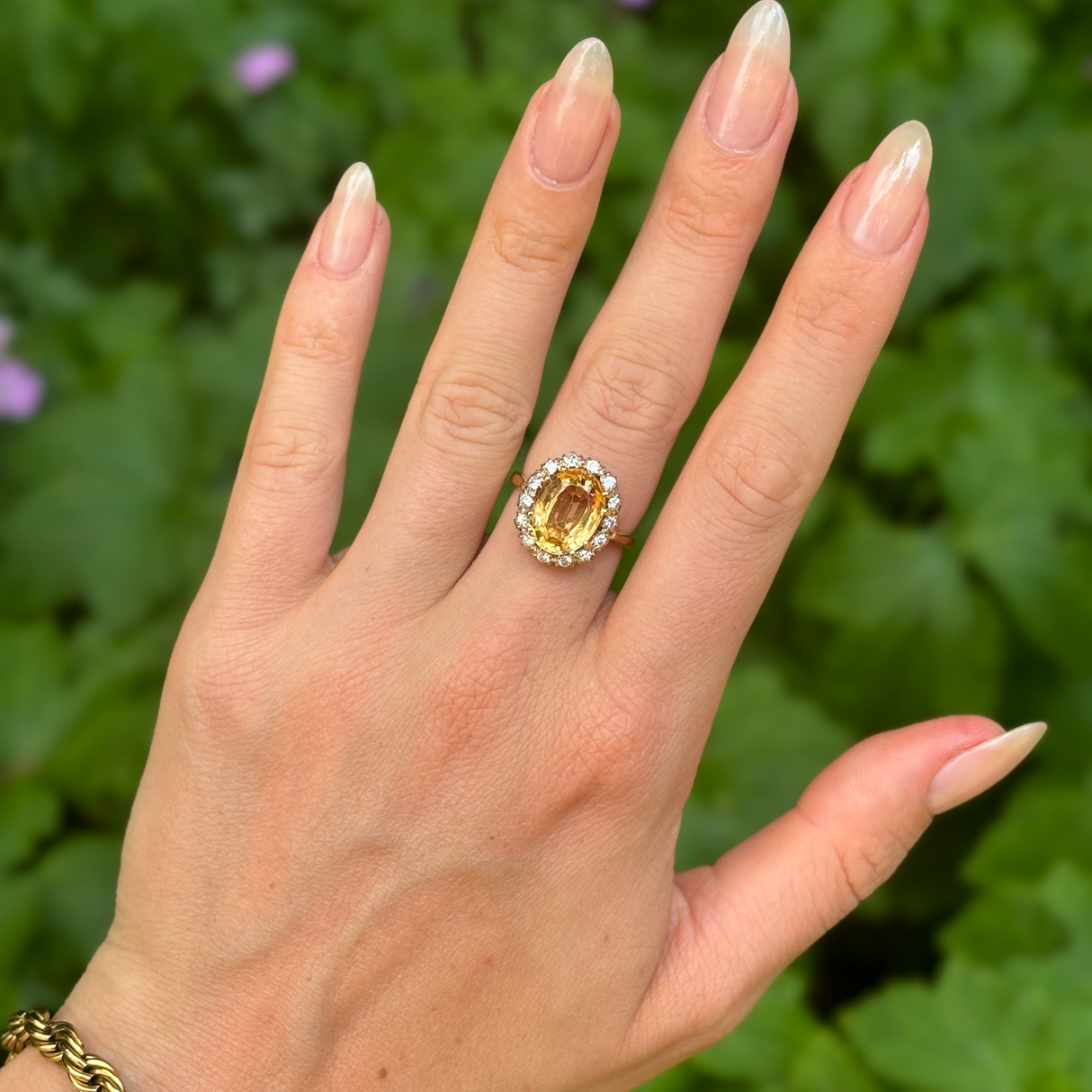 Vintage, topaz & diamond cluster ring, 18ct yellow gold