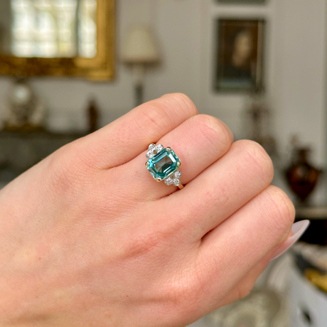 Vintage, Art Deco Aquamarine and Diamond Ring, 18ct White Gold worn on closed hand