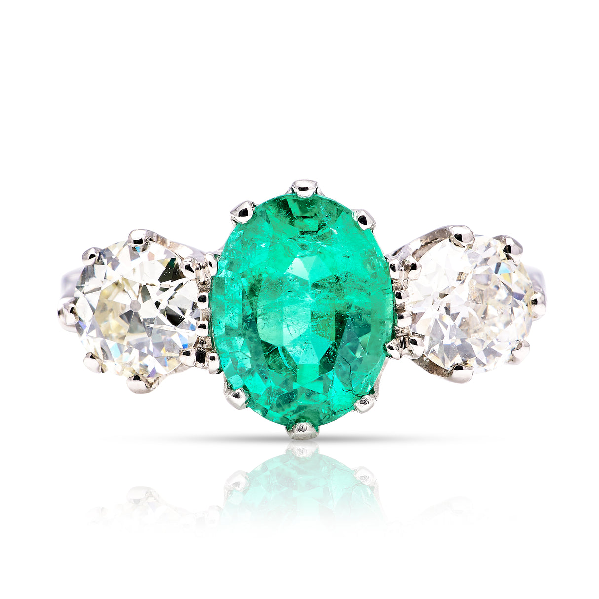 Vintage, emerald and diamond three-stone ring