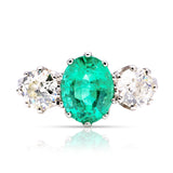 Vintage, emerald and diamond three-stone ring