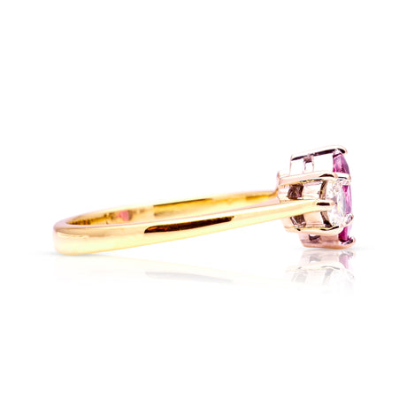 Vintage, 1990s pink sapphire and diamond three-stone ring
