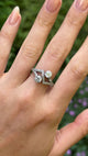 Vintage, Art Deco toi et moi diamond engagement ring, platinum worn on hand.