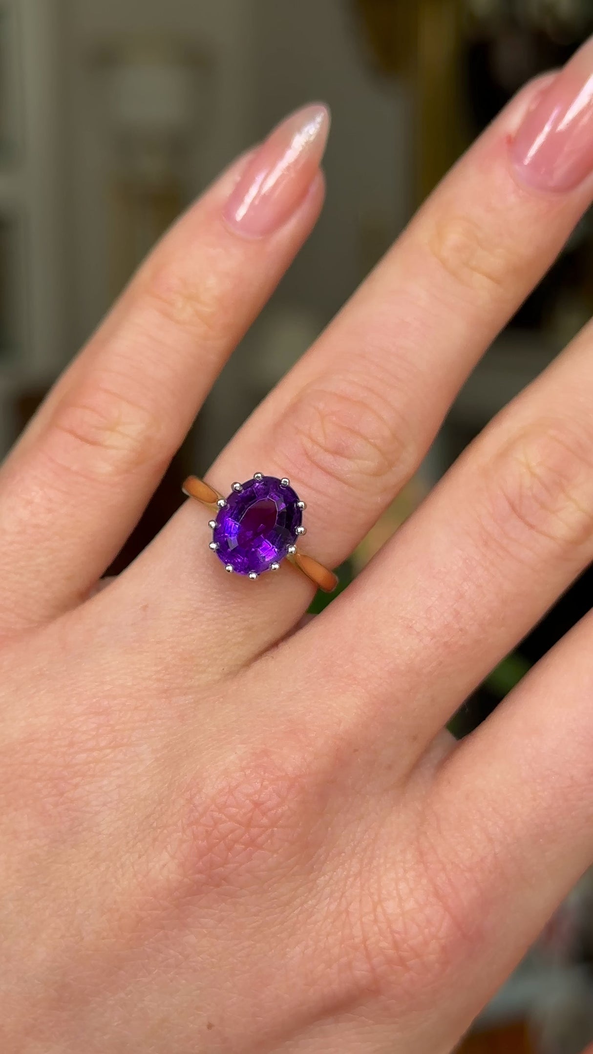 Vintage, 1970s Amethyst Single-Stone Ring, 18ct Yellow Gold and Platinum worn on hand and moved around to give perspective.