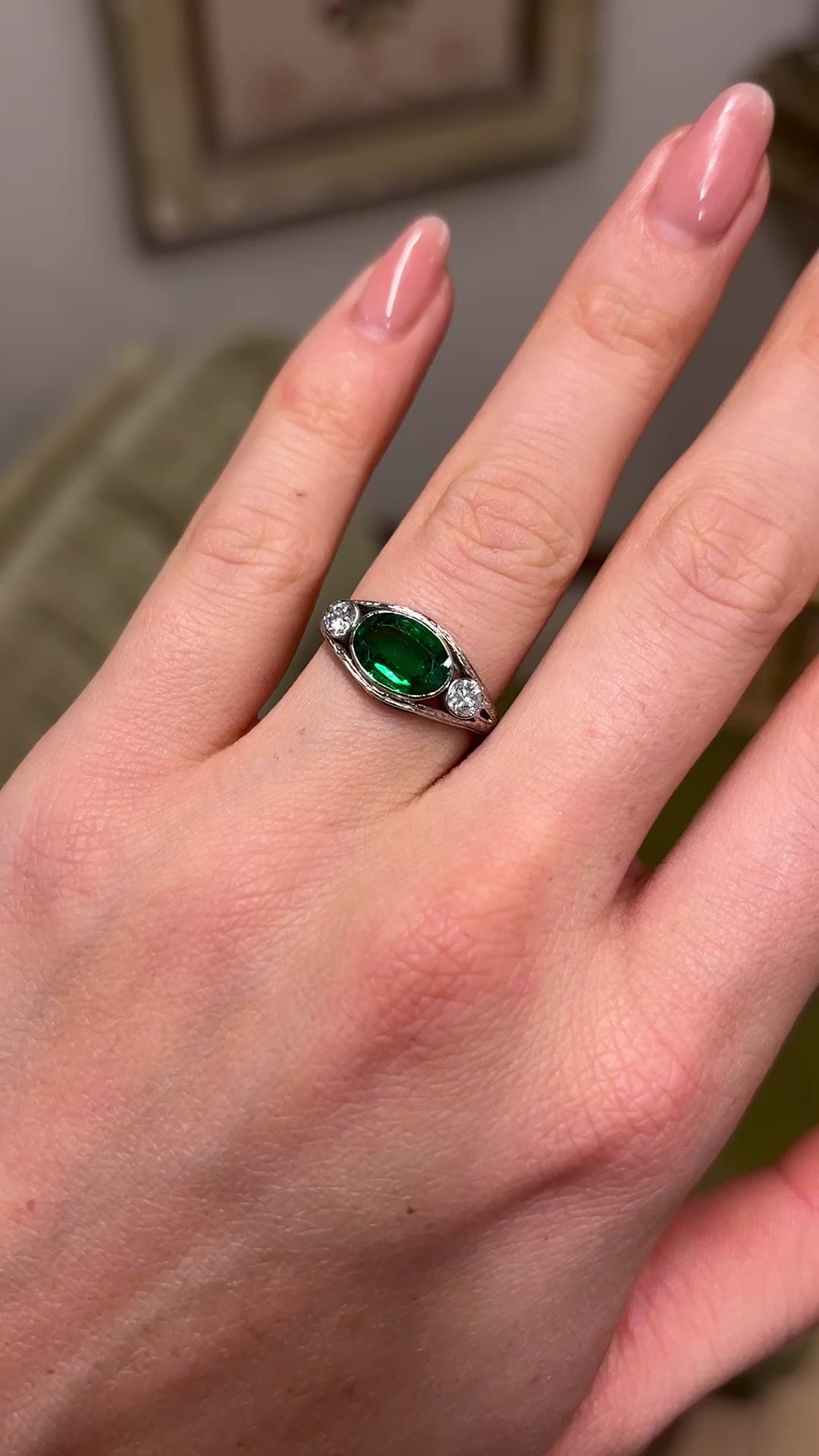 Vintage, 1940s green garnet & diamond three-stone ring