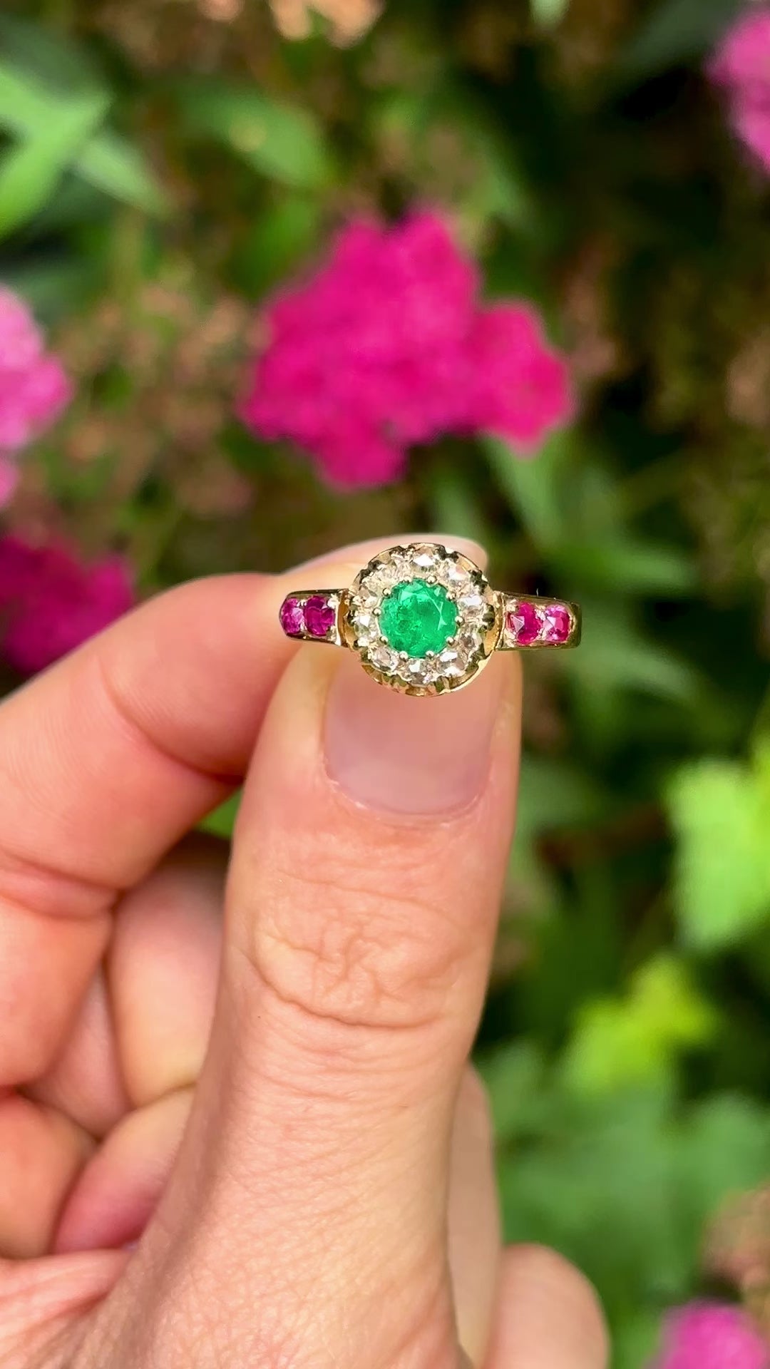 Antique, Victorian emerald & diamond cluster with ruby shoulders, 18ct yellow gold