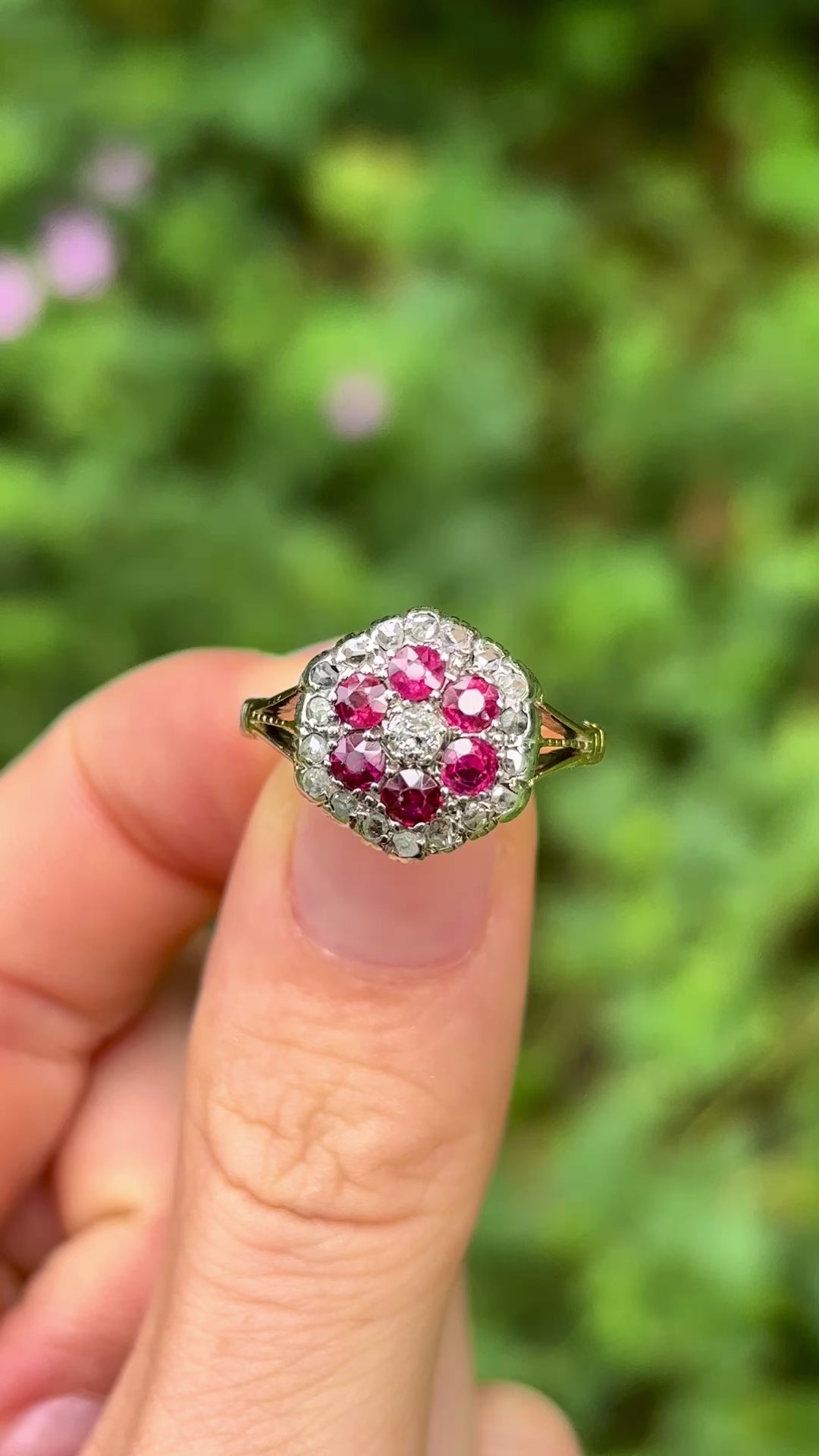 Antique, Victorian ruby & diamond cluster ring, 18ct yellow gold