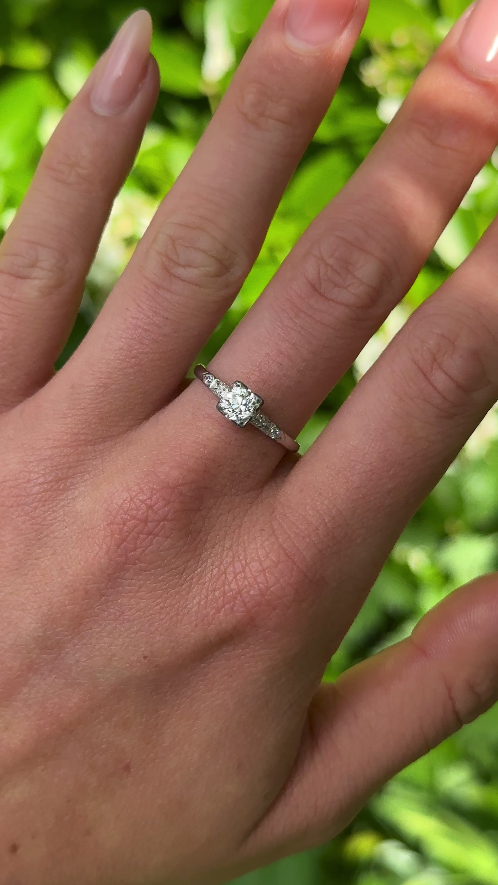 Vintage, 1940s Diamond Engagement Ring, White Gold and Platinum worn on hand