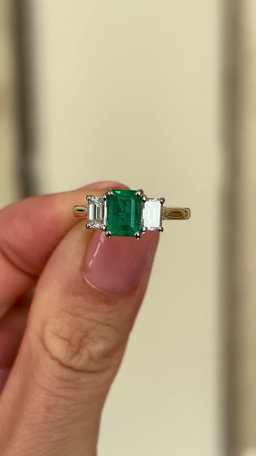 Vintage Emerald & diamond three-stone ring.