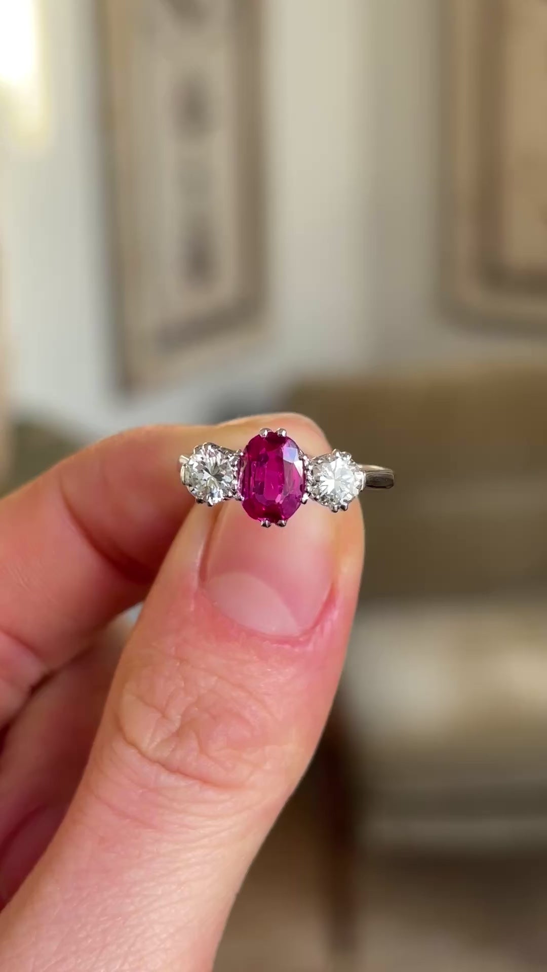 Antique, Edwardian pink sapphire & diamond three-stone ring