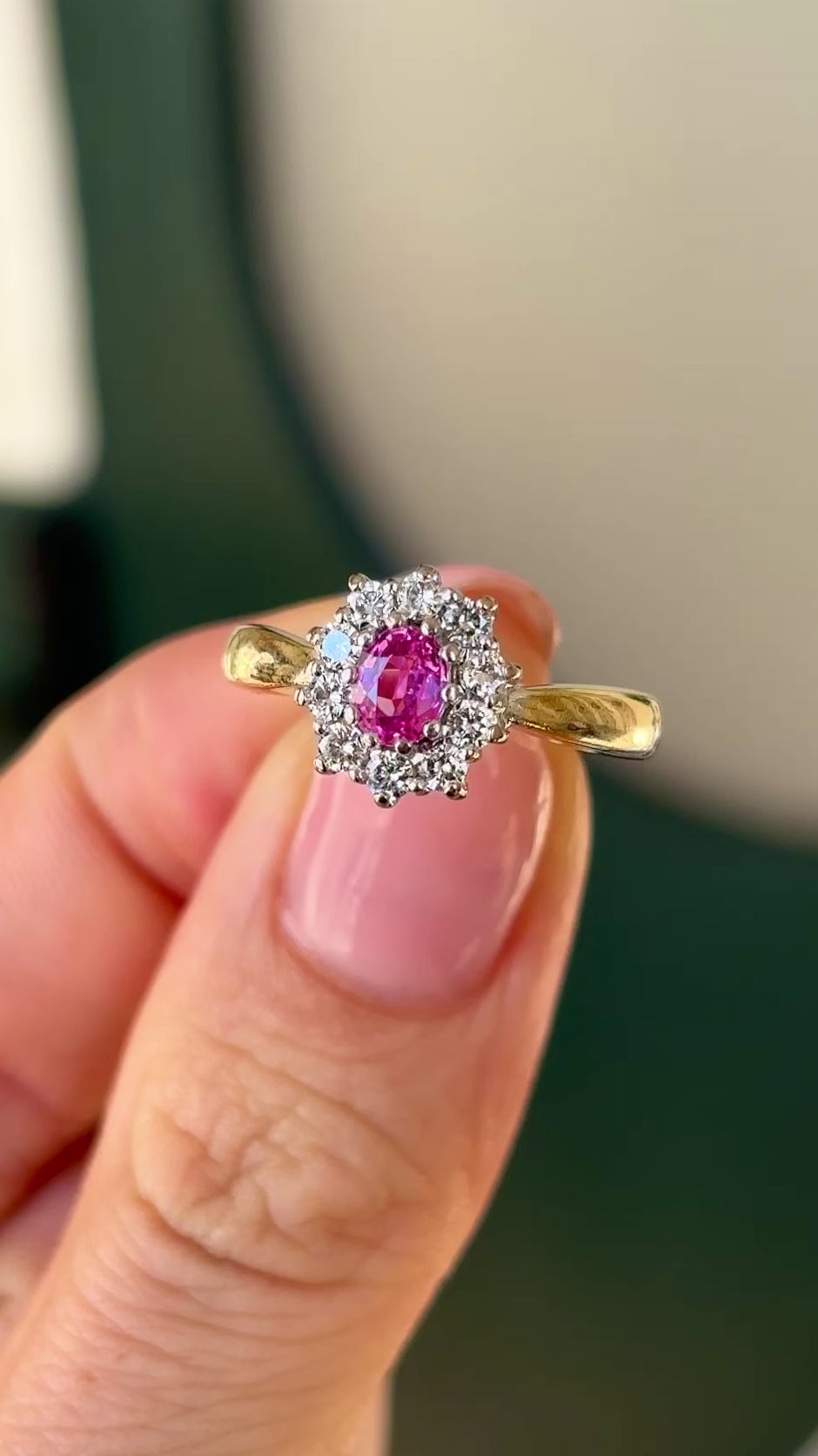 Vintage, 1960s pink sapphire & diamond cluster ring, 18ct yellow gold 