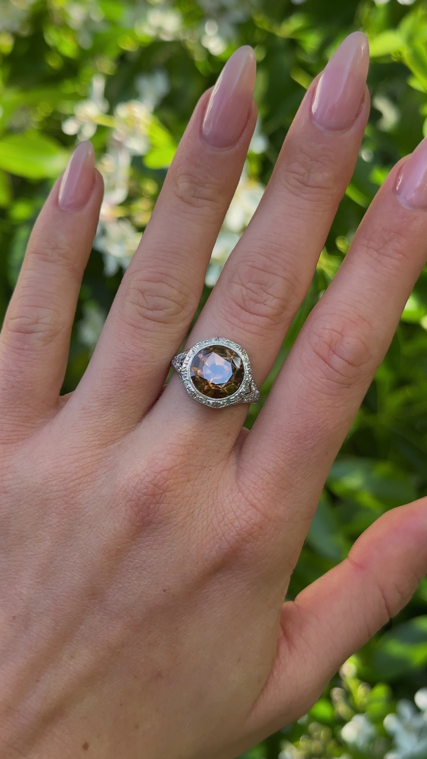 Vintage, Art Deco Brown Zircon and Diamond Ring, Platinum.