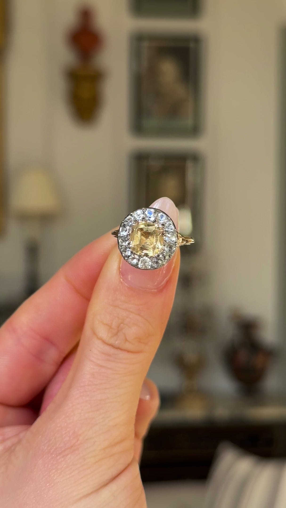 Antique, Georgian Yellow and White Topaz Cluster Ring, 18ct Yellow Gold held in fingers and rotated to give perspective.