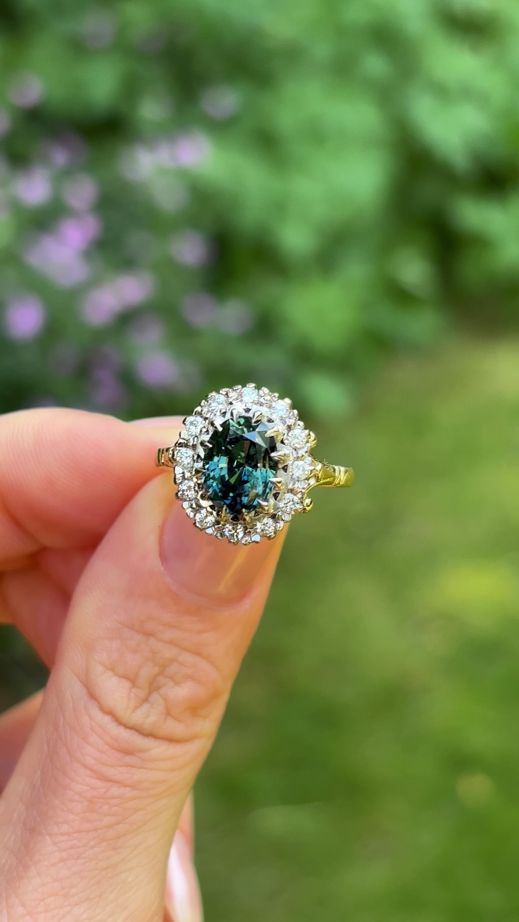 Vintage, 1970s teal sapphire and diamond cluster, 18ct yellow gold and platinum.