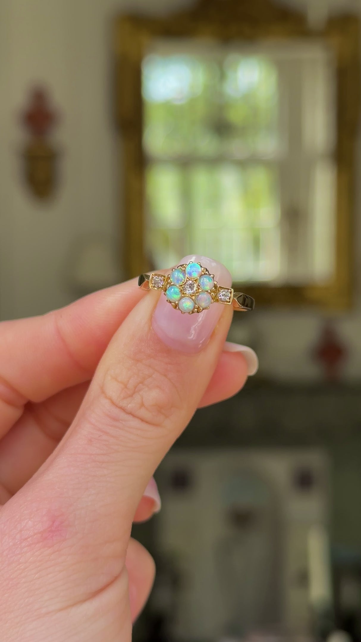 Antique, Victorian, opal and diamond flower ring, 18ct yellow gold