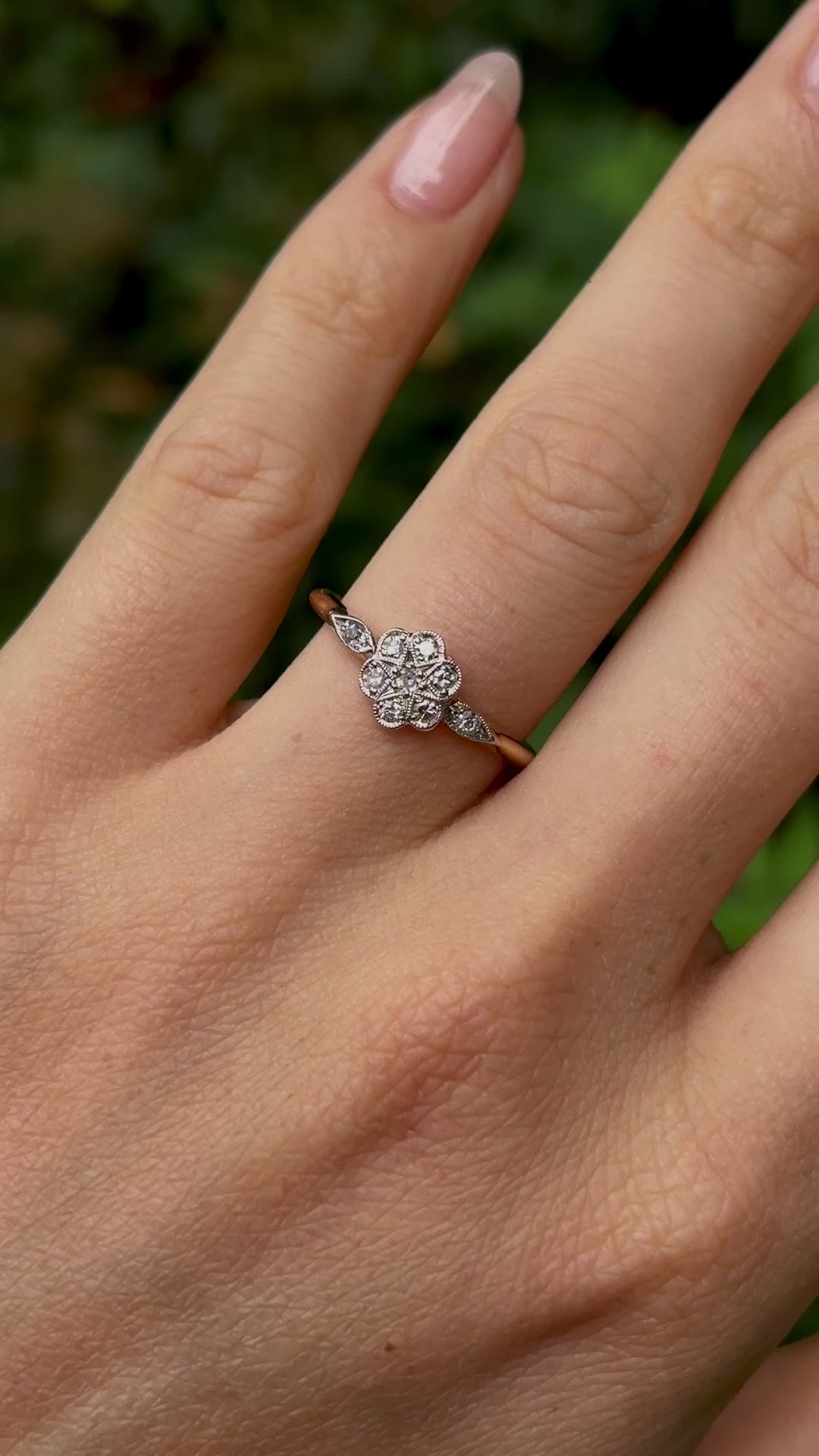 Antique, Edwardian diamond engagement ring worn on hand