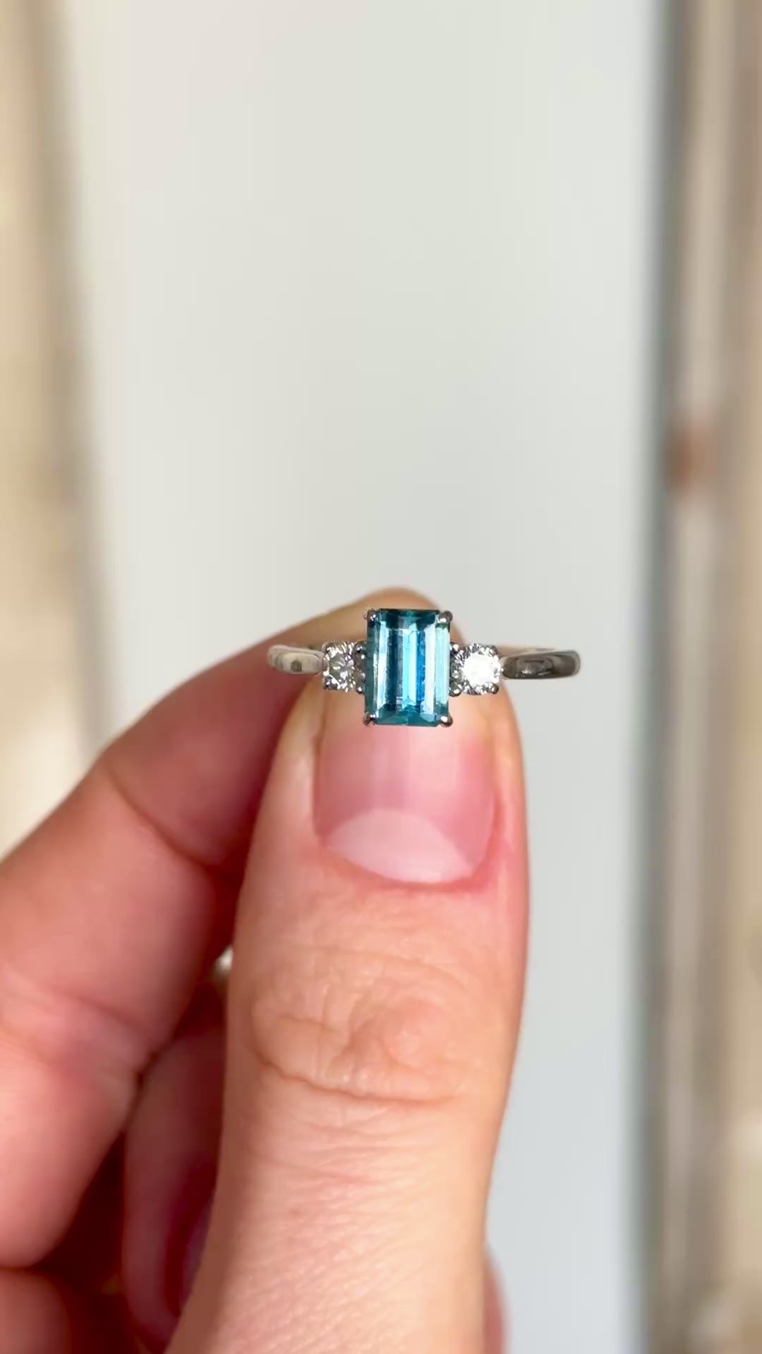 Vintage, aquamarine & diamond three-stone ring