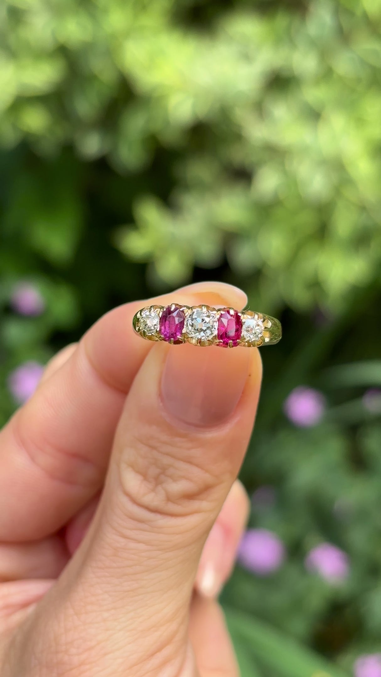 Antique, Victorian ruby & diamond five-stone ring, 18ct yellow gold